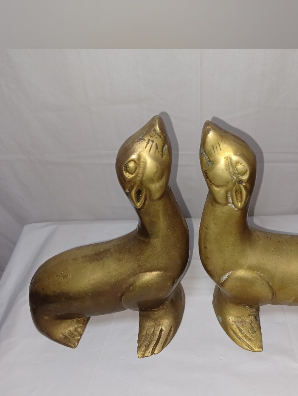 Vintage Brass Seal Figurine Pair Of Bookends - Home Art Decor Beautiful Patina